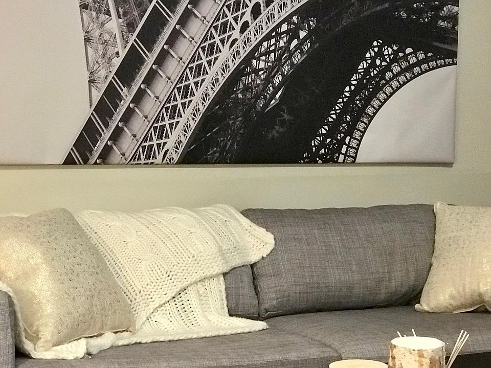Plush couch in living room with modern decor
