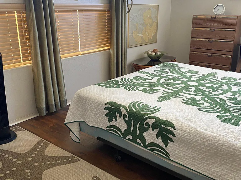 Master bedroom, with 1/2 bath. Wood floor, ceiling fan, air conditioner, dresser.