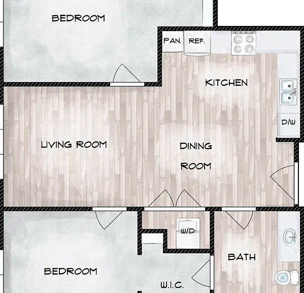 2 Bed 1 Bath Floorplan Diagram