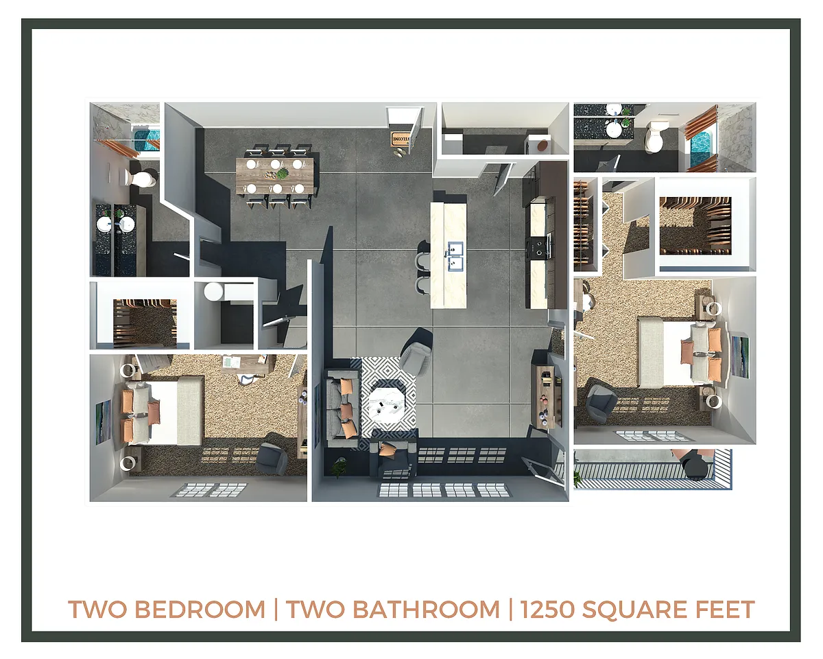 Floor plan 2 Bed + 2 Bath | 1250 Sq Ft