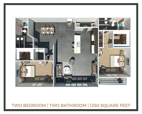 Floor plan 2 Bed + 2 Bath | 1250 Sq Ft