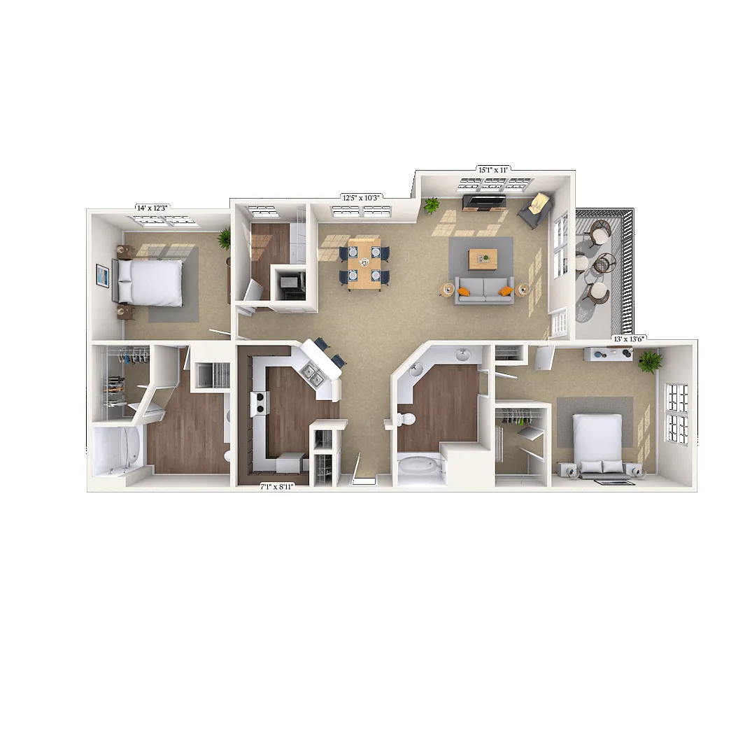 Floor plan Traditional 2x2 1363 SF