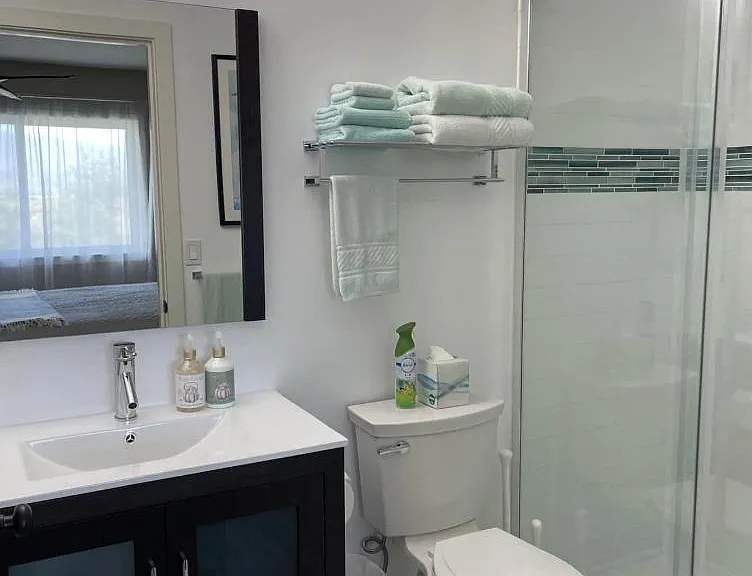 Bathroom 2 features a glass shower