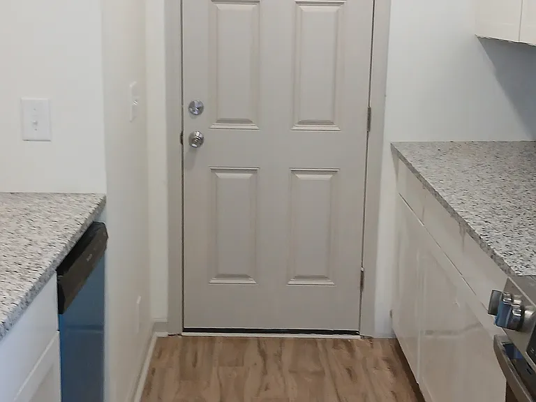 Kitchen showing dishwasher looking towards door to go to rear/covered patio