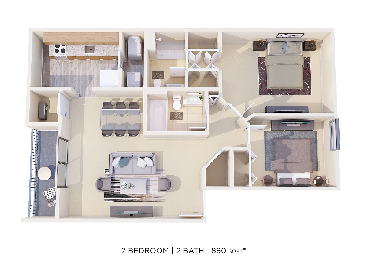 Floor plan Two Bedroom 2 Bath - 880 sqft