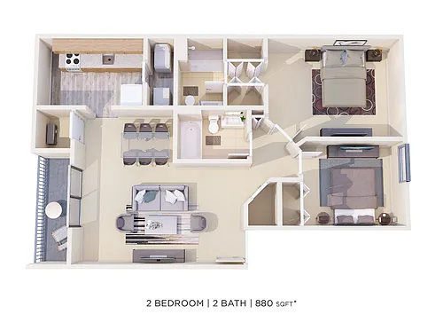 Floor plan Two Bedroom 2 Bath - 880 sqft
