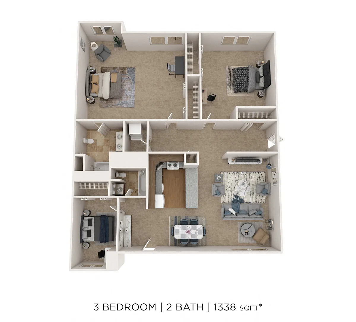 Floor plan Three Bedroom 2 Bath - 1,338 sqft