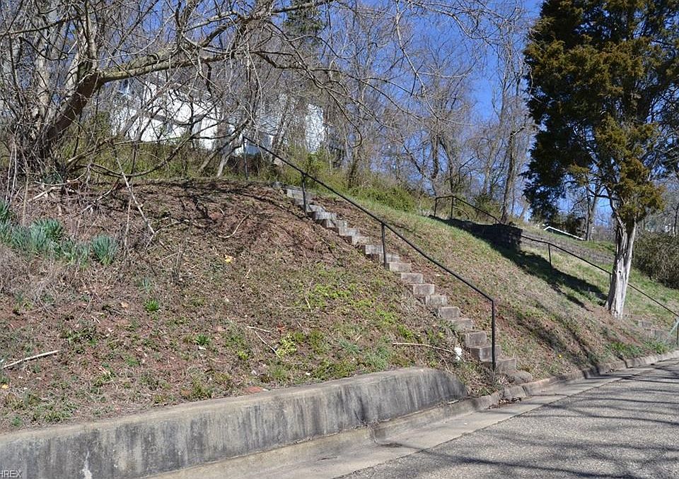 View from street showing two concrete stairs with rails.
