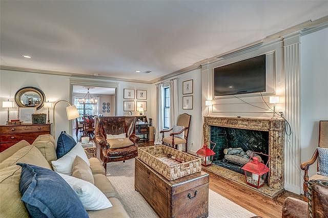 Living room with marble fireplace