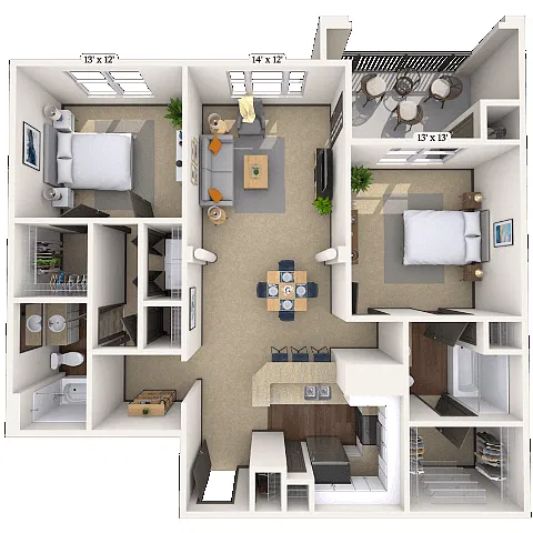 Floor plan Traditional 2x2 1158 SF