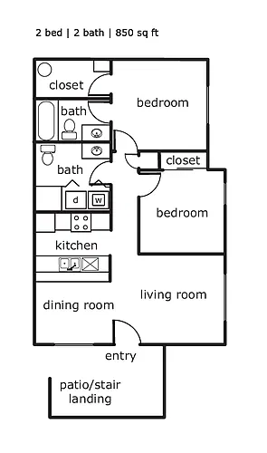 Floor plan 2 Bed 2 Bath 850 sqft