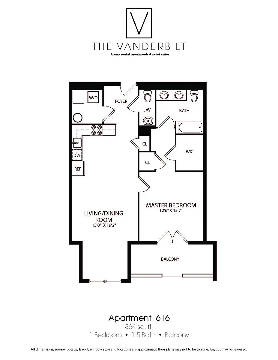 Floor plan 1 Bed - 1.5 Bath - Balcony