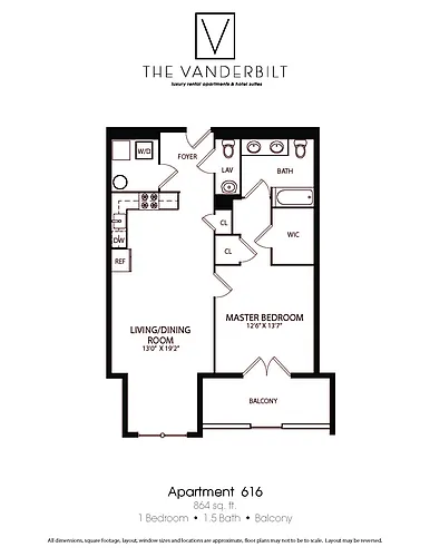 Floor plan 1 Bed - 1.5 Bath - Balcony