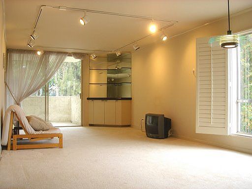 Spacious living room with track lighting, beautiful views