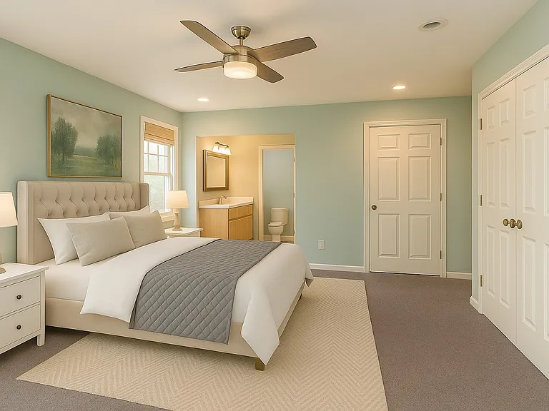 Master Suite has been virtually staged. The carpet throughout the house has been replaced with dark grey luxury vinyl floors.