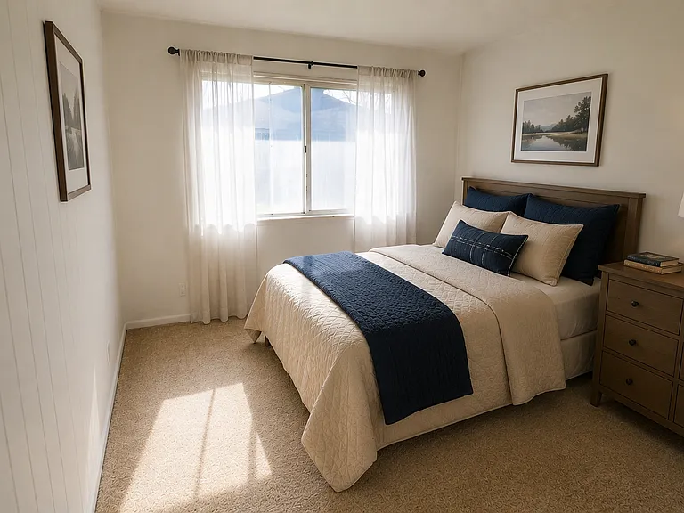 Well-sized bedroom with ample nature light and cozy staging