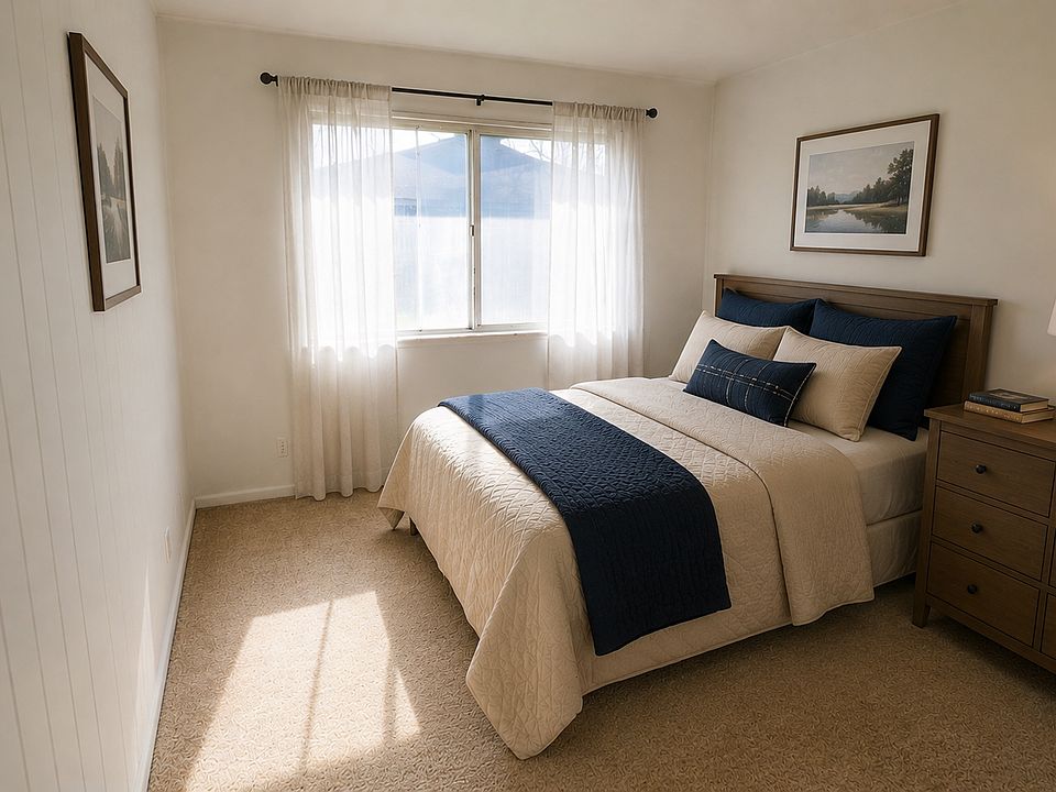 Well-sized bedroom with ample nature light and cozy staging