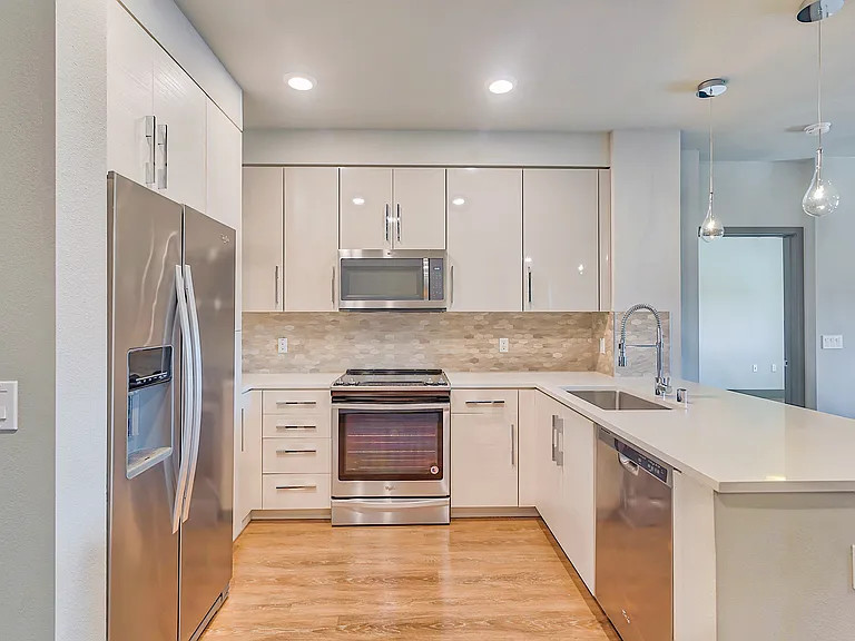 Gorgeous modern kitchen with hardwood floors and stainless steel appliances