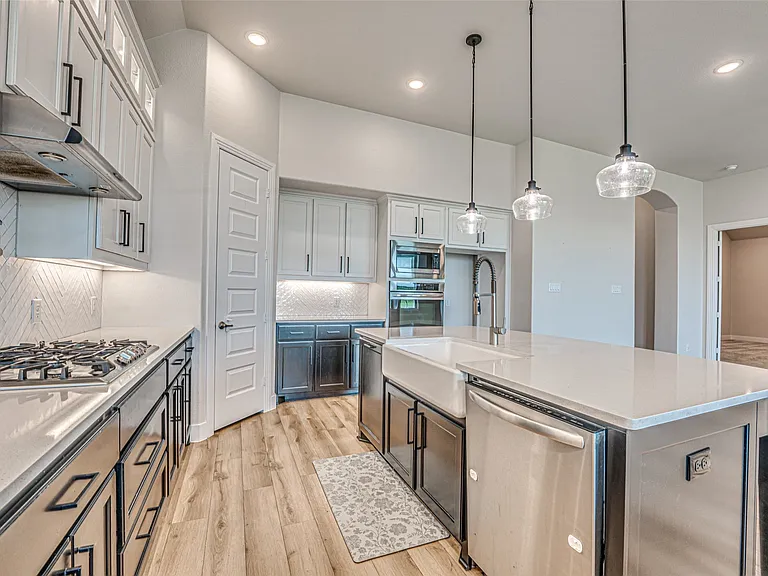 Contemporary kitchen featuring a large central island with a farmhouse sink, stainless steel appliances, pendant lighting, and wood-finish flooring