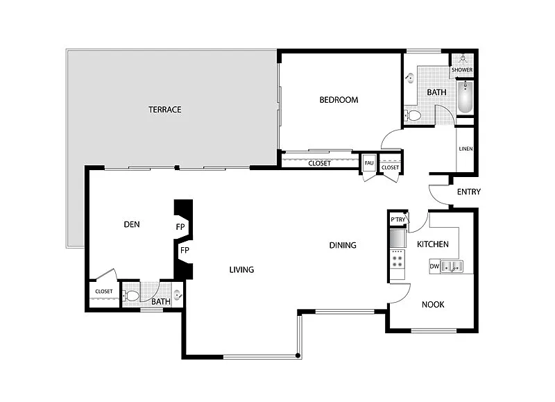 Floor plan 1 Bed 2 Bath Den 520-330