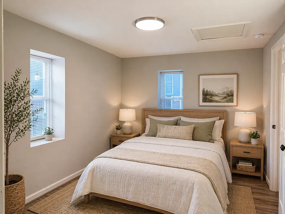 Quiet, well-sized bedroom with natural lightseparate from living space for added comfort and privacy.