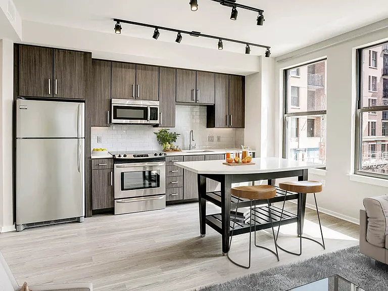 Kitchen and Living Room with Hardwood Flooring