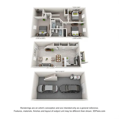 Floor plan 3 Bedroom, 2.5BA Townhome with Garage