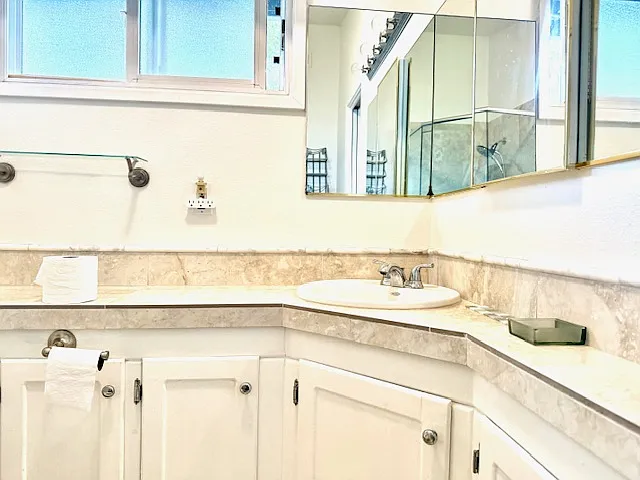 Attached master bathroom, freshly painted and ready for your personal touch.