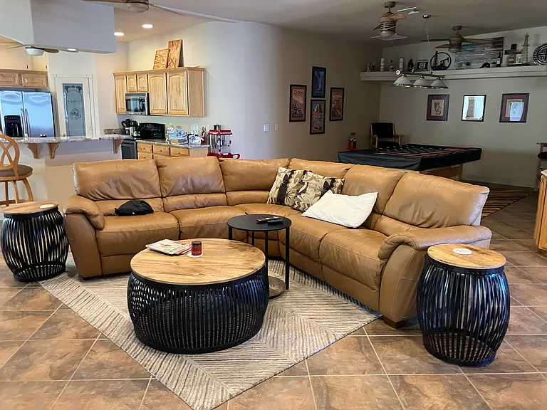 Current coffee table, end tables, and rug