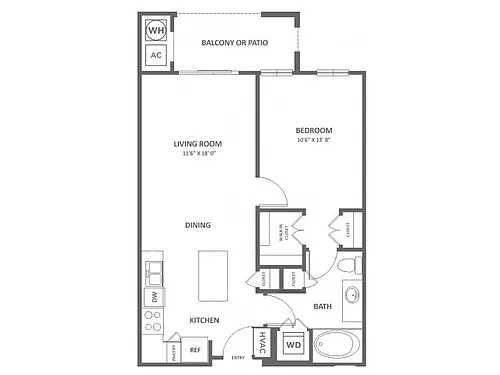 Floor plan 1 Bedroom 1 Bath Kitchen Island (690 SF)