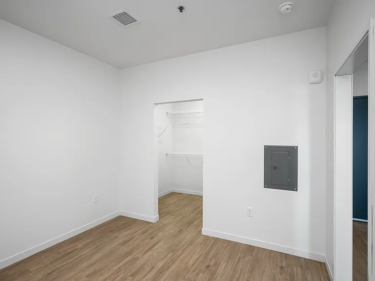 Bright and spacious room featuring sleek wood floors and a walk-in closet for ample storage. Bright and spacious room featuring sleek wood floors and a walk-in closet for ample storage.
