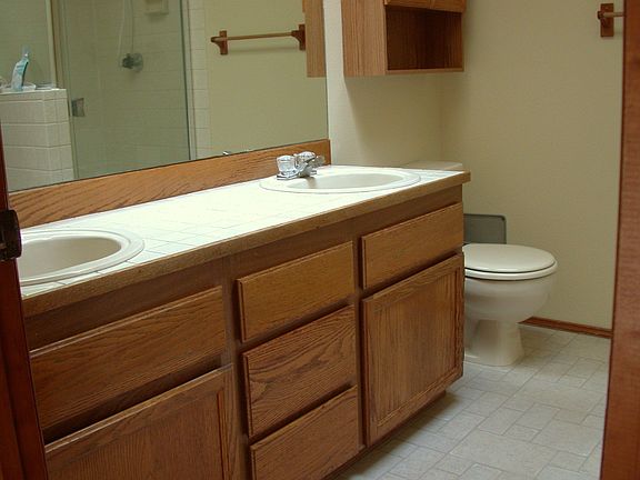 master bathroom dual-sink + cabinets