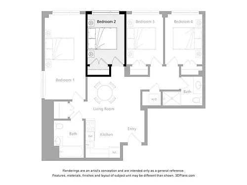 Floor plan Furnished Room in a 4 Bedroom 2 Bathroom (L2)