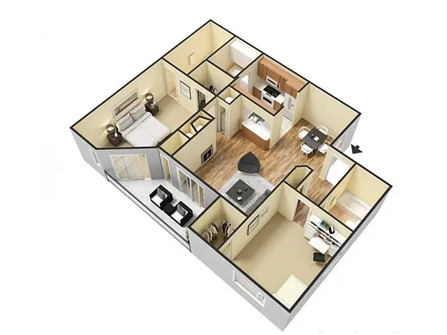 Floor plan Bungalow with Fireplace and Pond View