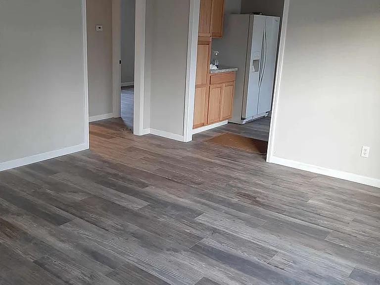 Living room looking into hall and kitchen.