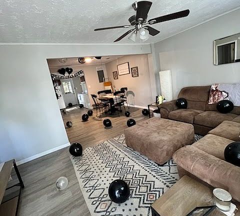 From the front door, the living room into the dining room into the kitchen to the back door.