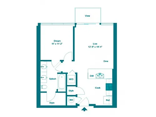Floor plan One Bedroom One Bath (677 SF)