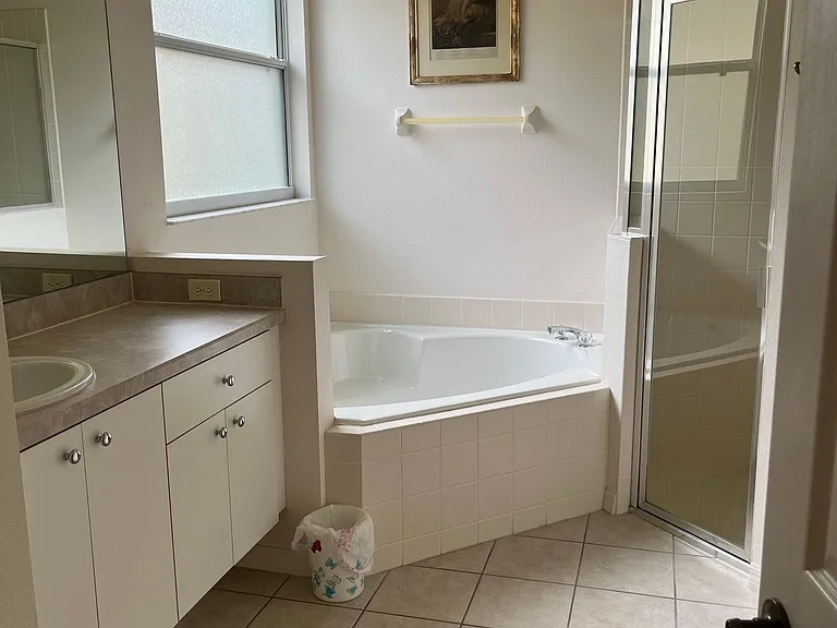 Master Bathroom. Has tub, shower, and commode.