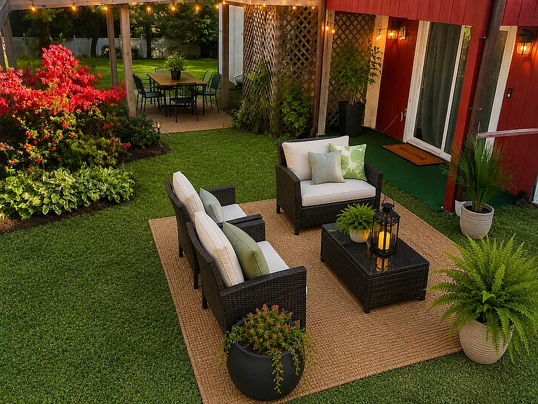 Courtyard. Furniture not included. But, the space is there for yours and plenty more room for a grill, telescope, fireplace, and or a garden.