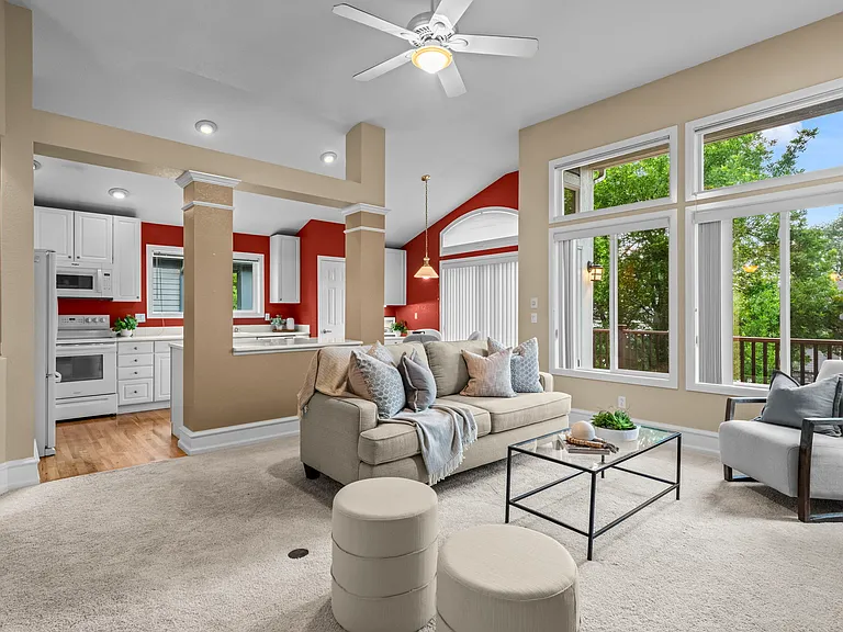 Vaulted Ceilings in Living room open to kitchen