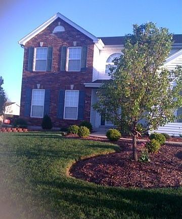 Front view through landscaping
