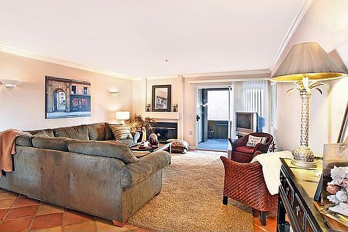 Crown molding, fireplace in living room w/ patio!