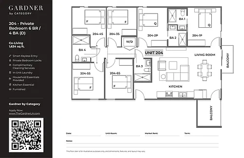 Floor plan 204 - Private Bedroom in 6 BR/ 4 BA (D)