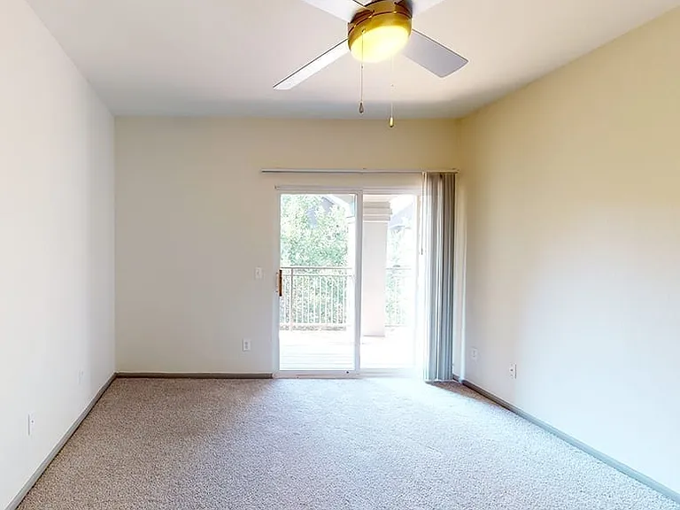 Spacious apartment bedroom with large closet and plush carpet flooring.