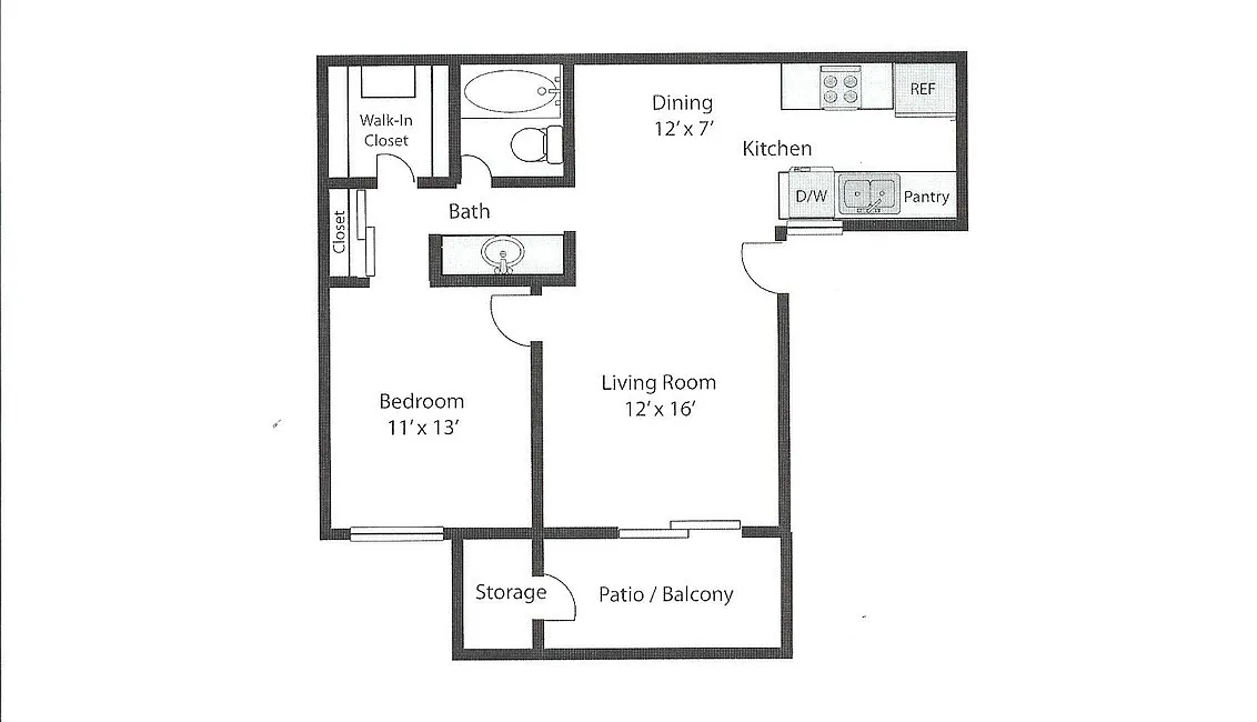 Floor plan 1 Bedroom, 1 Bath - Plan E