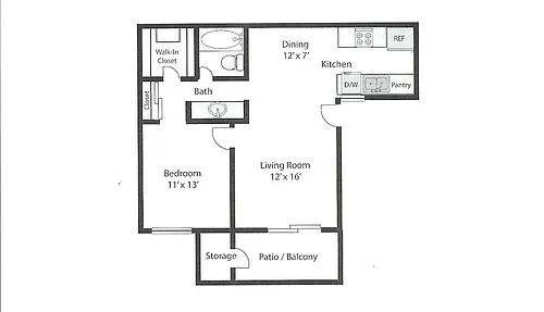 Floor plan 1 Bedroom, 1 Bath - Plan E