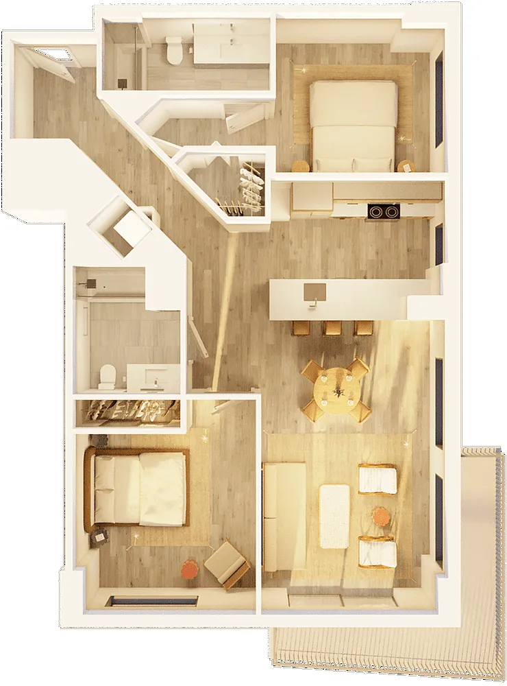 Floor plan West 2 BR Corner Wraparound Balcony