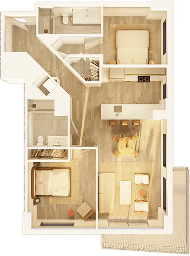 Floor plan West 2 BR Corner Wraparound Balcony
