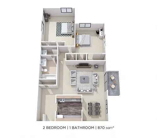 Floor plan Two Bedroom 1 Bath - 870 sqft
