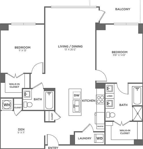 Two Bedroom Two Bath With Den (1,180 SF) Two Bedroom Two Bath With Den (1,180 SF)